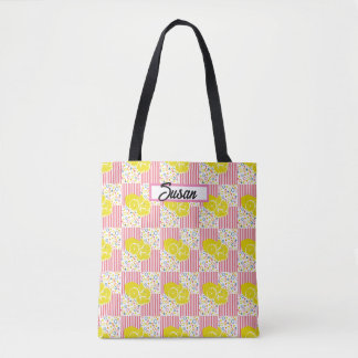 Yellow Lemons Pink Stripes Summer Tote Bag