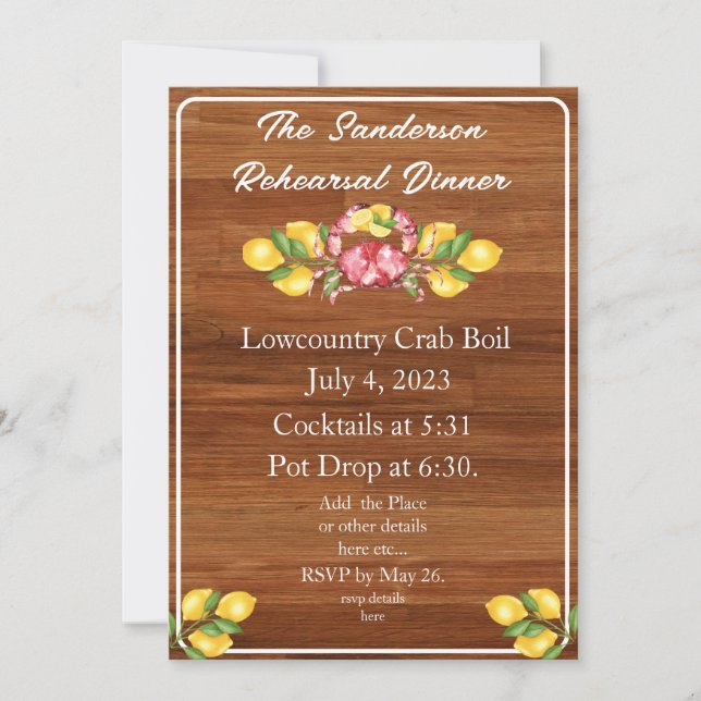  Yellow Lemons Red Crab Wood Lowcountry Invitation (Front)