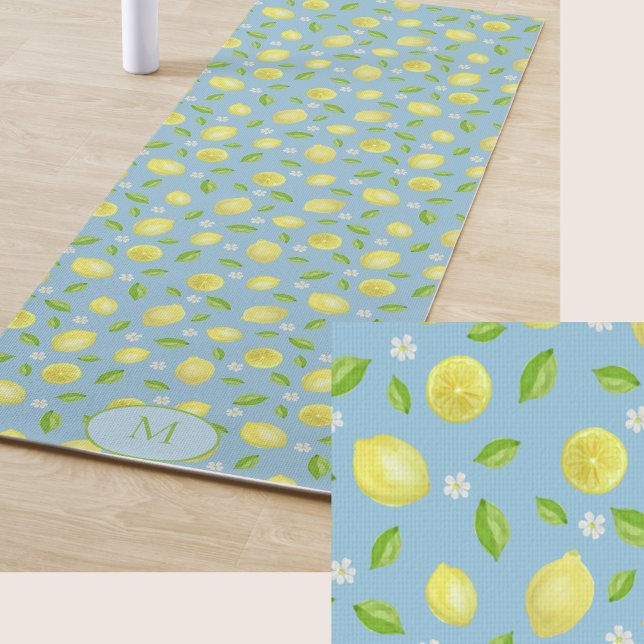 Yellow Lemons Teal Custom Monogram Yoga Mat (Creator Uploaded)