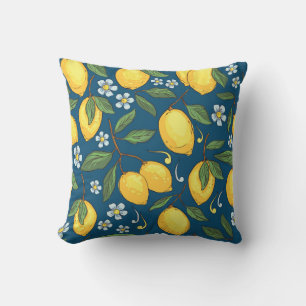 Yellow Lemons: Tropical Fruit Pattern. Cushion