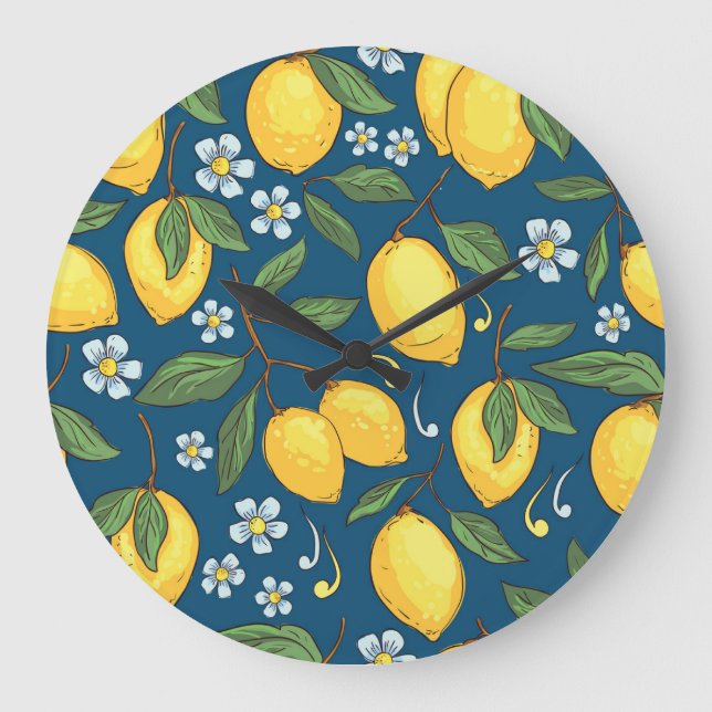 Yellow Lemons: Tropical Fruit Pattern. Large Clock (Front)