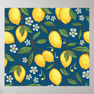 Yellow Lemons: Tropical Fruit Pattern. Poster