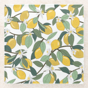 Yellow Lemons, Tropical Seamless Print. Glass Coaster
