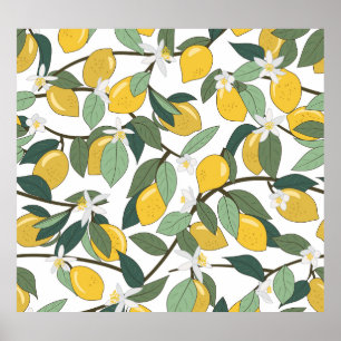 Yellow Lemons, Tropical Seamless Print. Poster