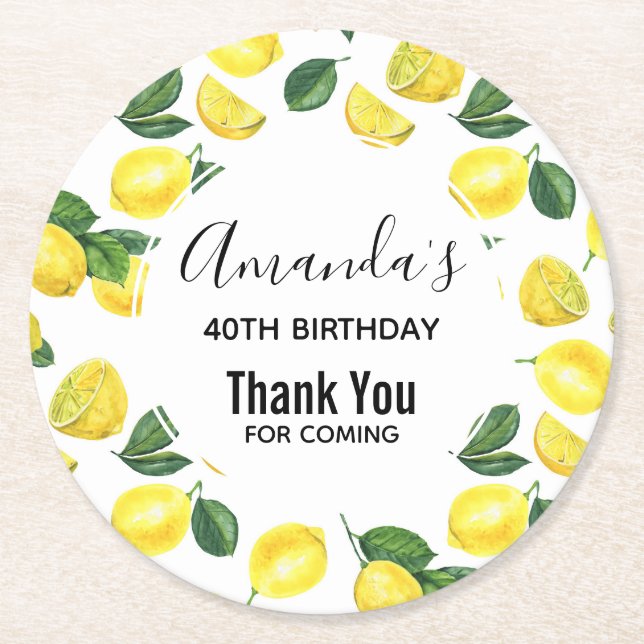 Yellow Lemons Watercolor Fruit Pattern Birthday Round Paper Coaster (Front)