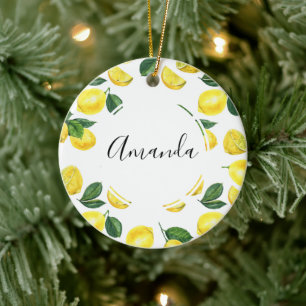 Yellow Lemons Watercolor Fruit Pattern Ceramic Tree Decoration