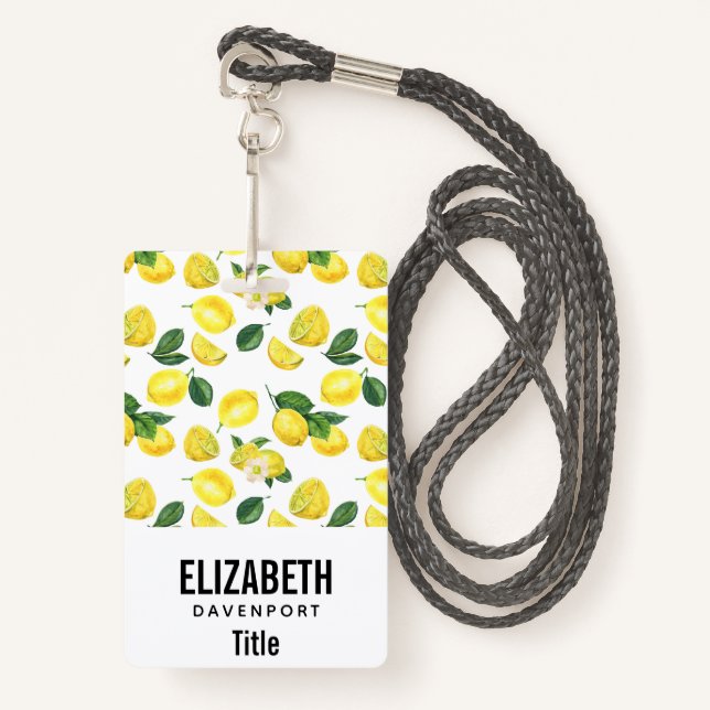 Yellow Lemons Watercolor Fruit Pattern ID Badge (Front with Lanyard)