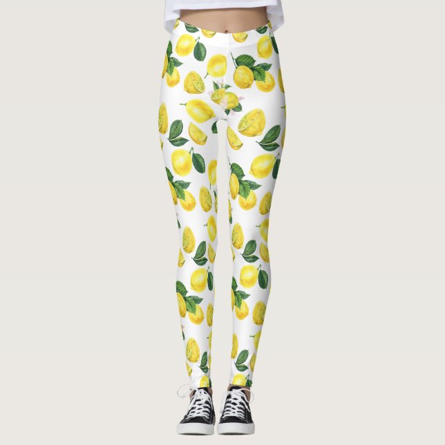 Yellow Lemons Watercolor Fruit Pattern Leggings (Front)