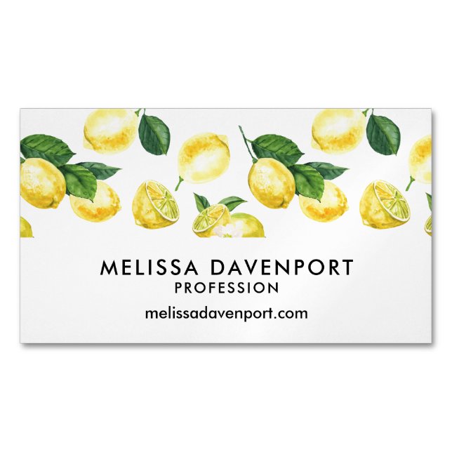 Yellow Lemons Watercolor Fruit Pattern Magnetic Business Card (Front)