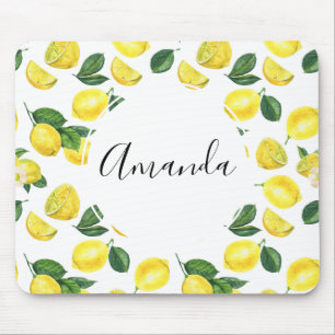 Yellow Lemons Watercolor Fruit Pattern Mouse Mat