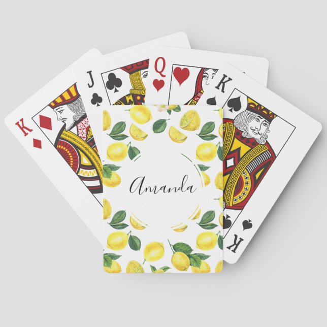 Yellow Lemons Watercolor Fruit Pattern Playing Cards (Back)