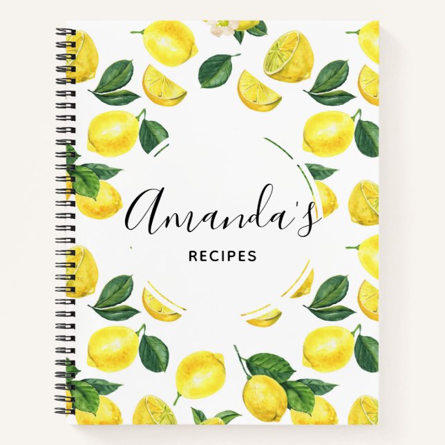 Yellow Lemons Watercolor Fruit Pattern Recipes Notebook (Front)
