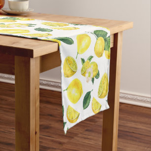 Yellow Lemons Watercolor Fruit Pattern Short Table Runner