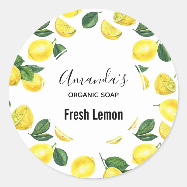 Yellow Lemons Watercolor Fruit Pattern Soap Classic Round Sticker (Front)