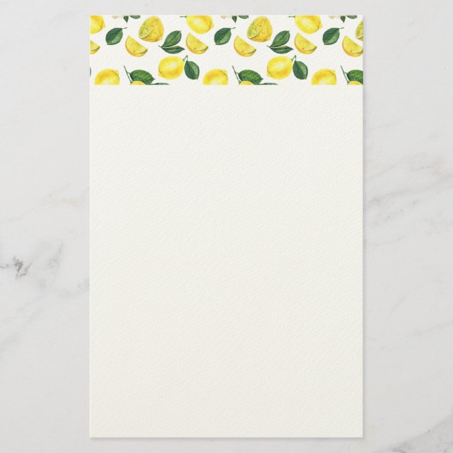 Yellow Lemons Watercolor Fruit Pattern Stationery (Front)