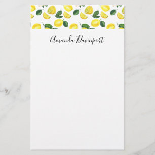 Yellow Lemons Watercolor Fruit Pattern Stationery