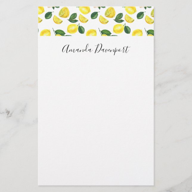 Yellow Lemons Watercolor Fruit Pattern Stationery (Front)