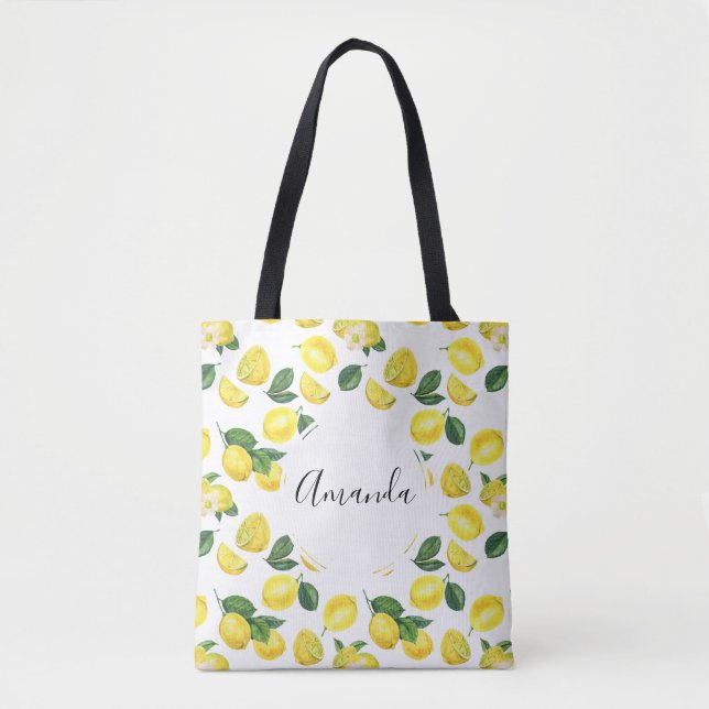 Yellow Lemons Watercolor Fruit Pattern Tote Bag (Front)