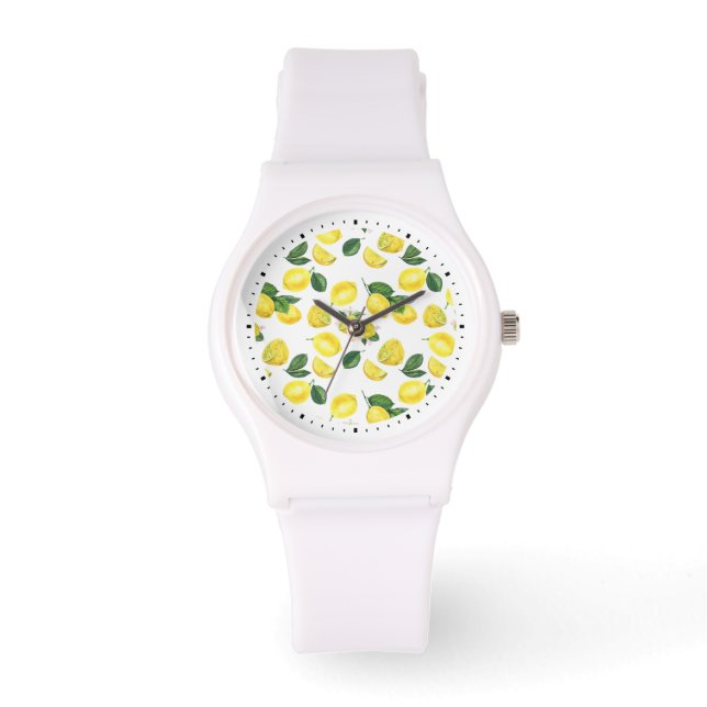 Yellow Lemons Watercolor Fruit Pattern Watch (Front)