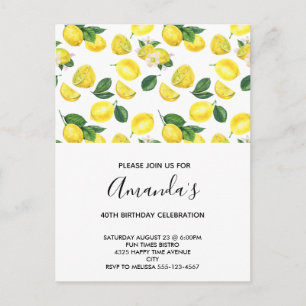 Yellow Lemons Watercolor Pattern Birthday Invitation Postcard
