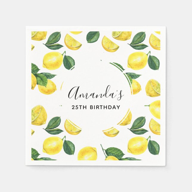 Yellow Lemons Watercolor Pattern Birthday Napkin (Front)