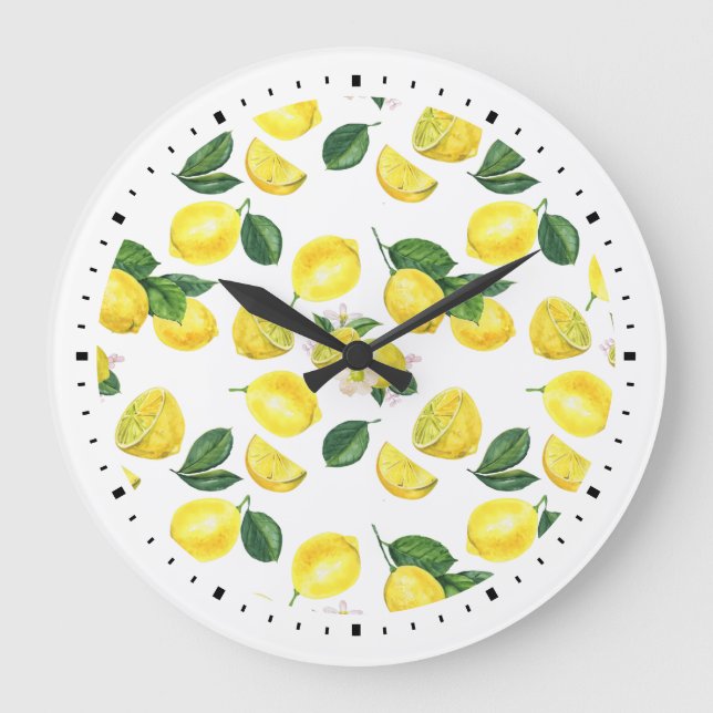 Yellow Lemons Watercolor Pattern Large Clock (Front)