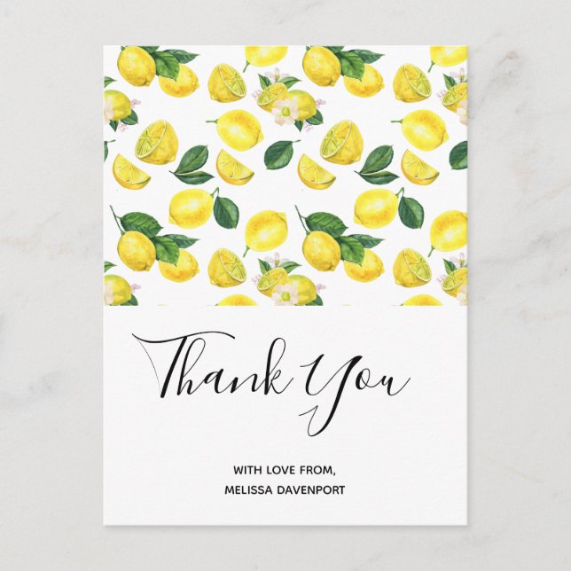 Yellow Lemons Watercolor Pattern Thank You Postcard (Front)