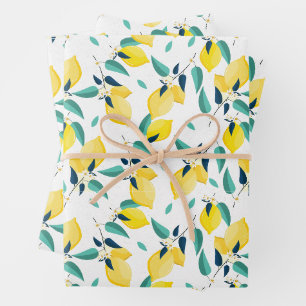Yellow Lemons, White Flowers & Teal Leaves Pattern Wrapping Paper Sheet