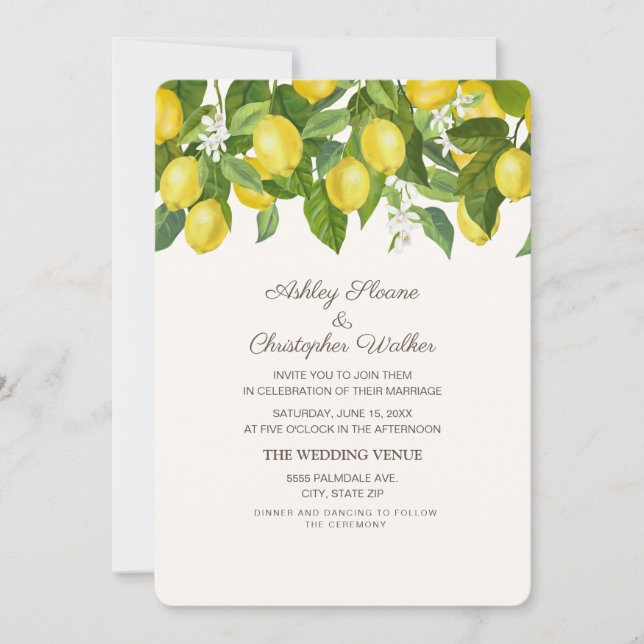 Yellow Lemons White Wedding Invitation (Front)
