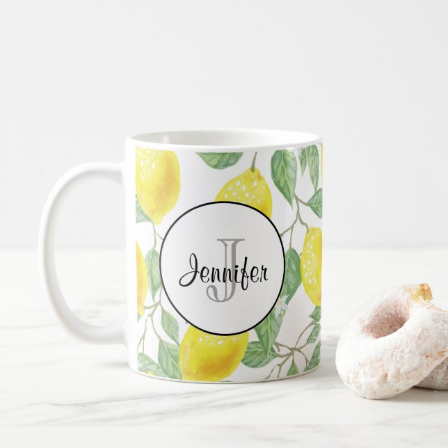 Yellow Lemons with Green Leaves Pattern Monogram Coffee Mug (With Donut)