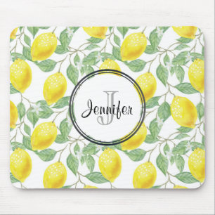 Yellow Lemons with Green Leaves Pattern Monogram Mouse Mat