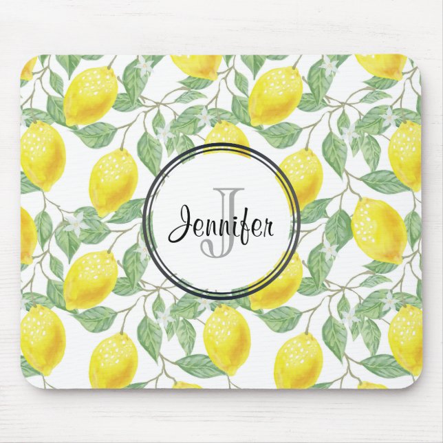 Yellow Lemons with Green Leaves Pattern Monogram Mouse Mat (Front)