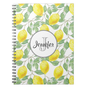 Yellow Lemons with Green Leaves Pattern Monogram Notebook