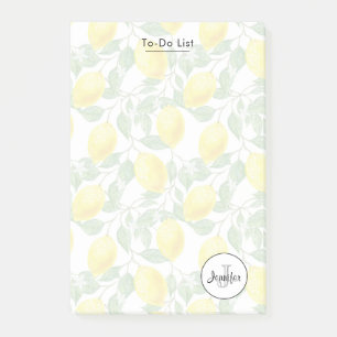 Yellow Lemons with Green Leaves Pattern Monogram Post-it Notes