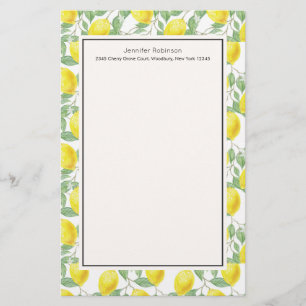 Yellow Lemons with Green Leaves Pattern Stationery