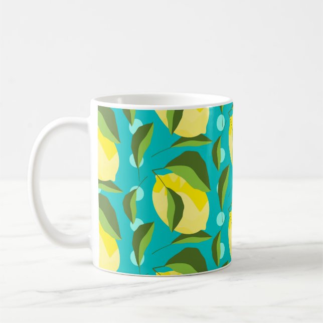 Yellow lemons with green leaves seamless pattern w coffee mug (Left)