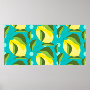Yellow lemons with green leaves seamless pattern w poster