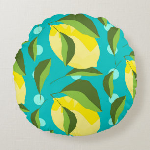 Yellow lemons with green leaves seamless pattern w round cushion