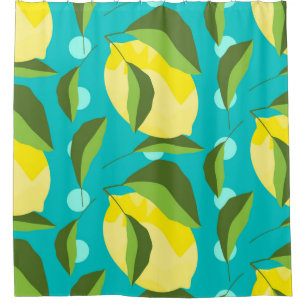 Yellow lemons with green leaves seamless pattern w shower curtain