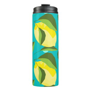 Yellow lemons with green leaves seamless pattern w thermal tumbler