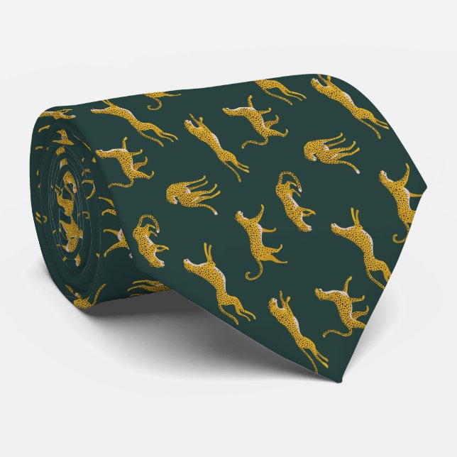 Yellow Leopard On Dark Green Pattern Wild Animal Tie (Rolled)