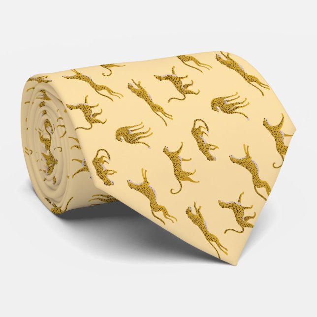 Yellow Leopard On Light Yellow Pattern Wild Animal Tie (Rolled)