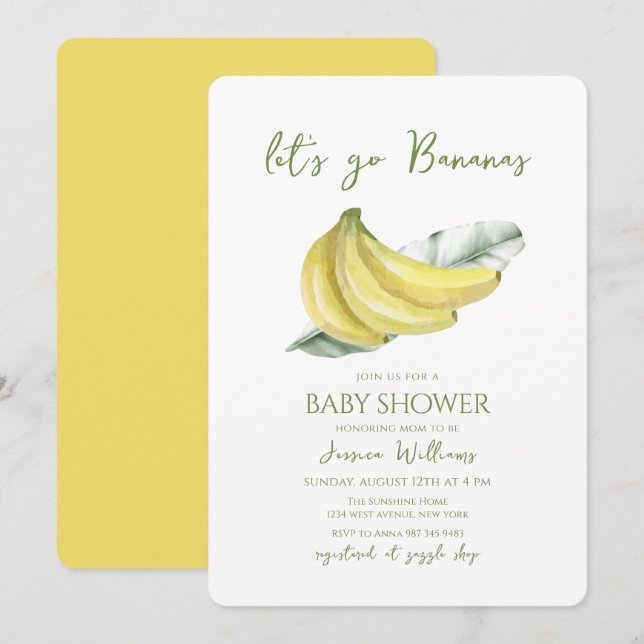 Yellow Let's Go Bananas Leaves Baby Shower Invitation (Front/Back)