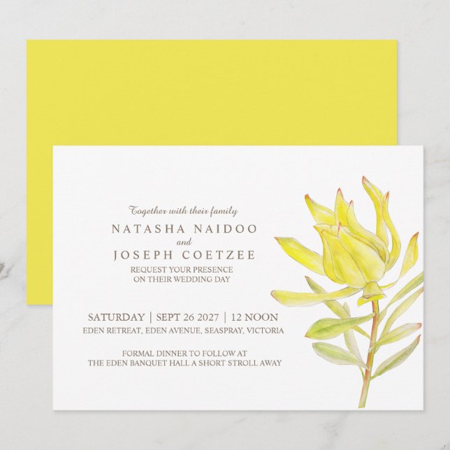 Yellow leucadendron watercolor wedding invitations (Front/Back)