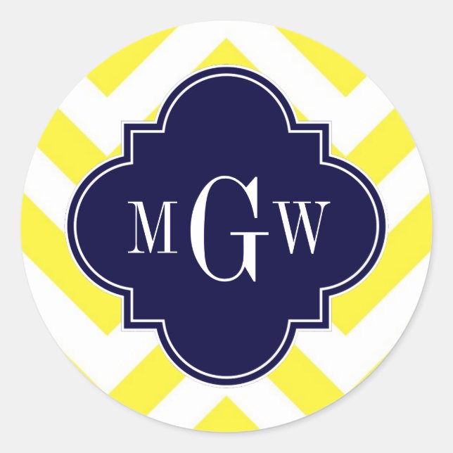 Yellow Lg Chevron Navy Quatrefoil 3 Monogram Classic Round Sticker (Front)
