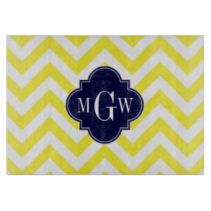 Yellow Lg Chevron Navy Quatrefoil 3 Monogram Cutting Board