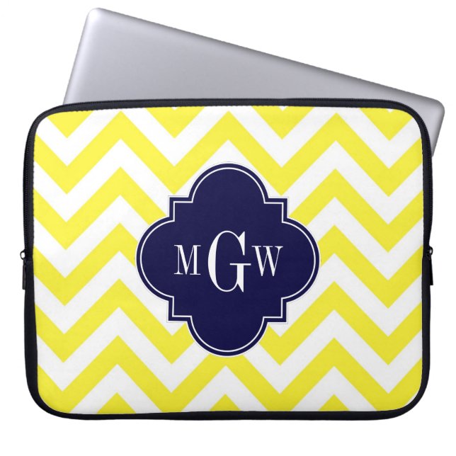 Yellow Lg Chevron Navy Quatrefoil 3 Monogram Laptop Sleeve (Front)