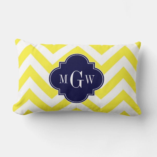 Yellow Lg Chevron Navy Quatrefoil 3 Monogram Lumbar Cushion (Front)