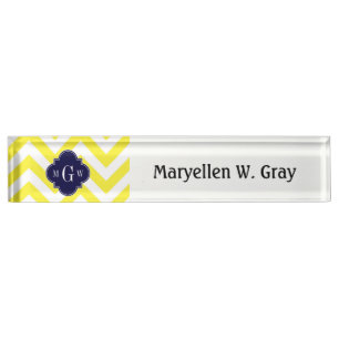 Yellow Lg Chevron Navy Quatrefoil 3 Monogram Nameplate