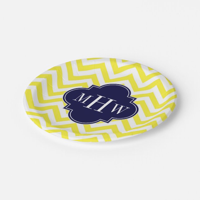 Yellow Lg Chevron Navy Quatrefoil 3 Monogram Paper Plate (Angled)